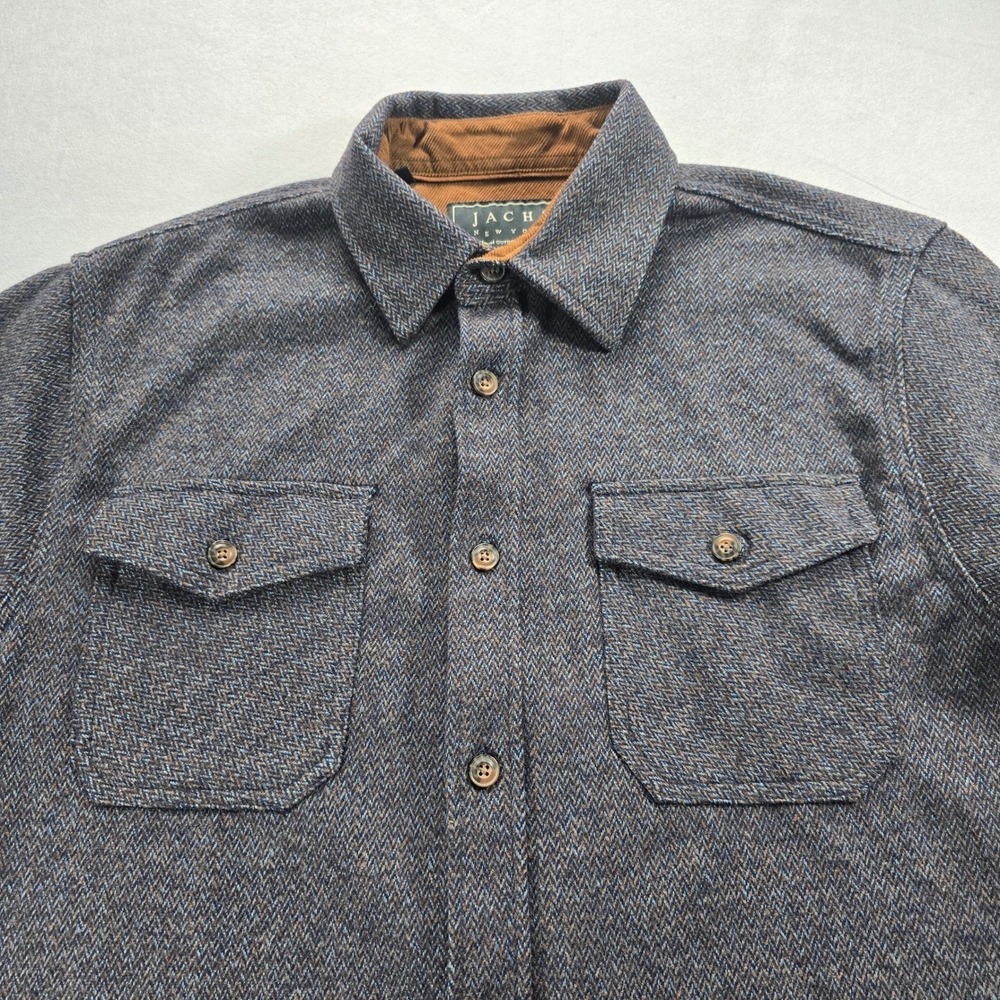 Jachs New York Mens Large Gray Herringbone Shirt Jacket Corduroy Trim Shacket